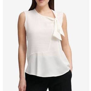 DKNY White Asymmetric Tie-Neck Blouse Sleeveless